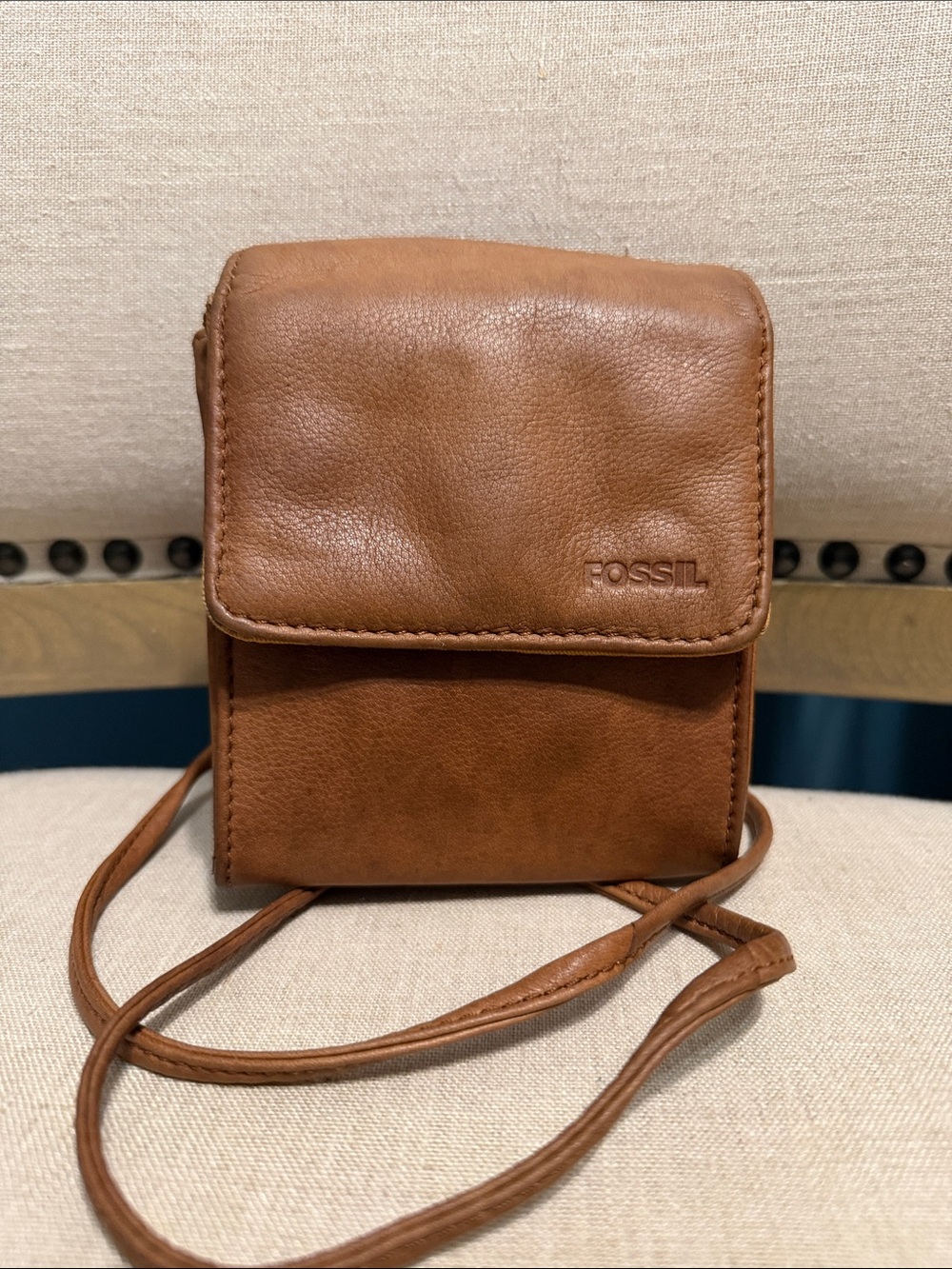 Vintage Fossil Tan Leather Flap Small Crossbody Bag